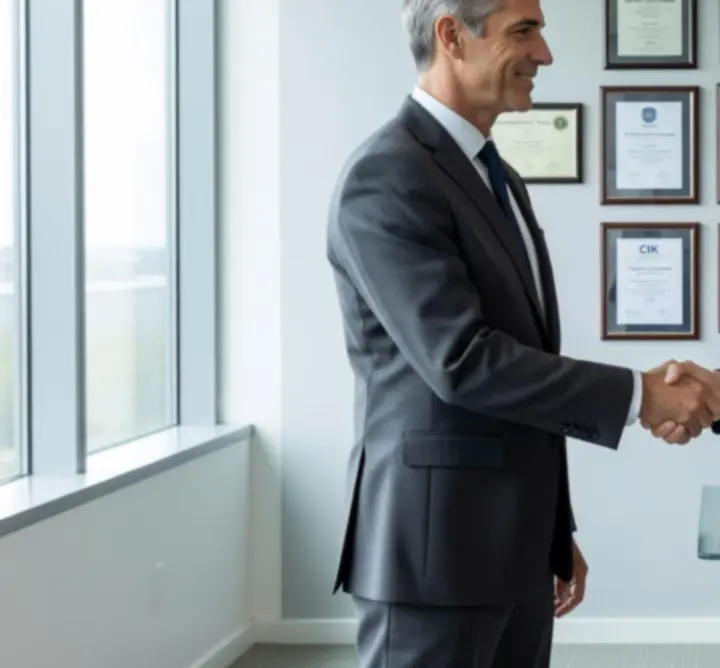 Client and contractor shaking hands in a bright office environment