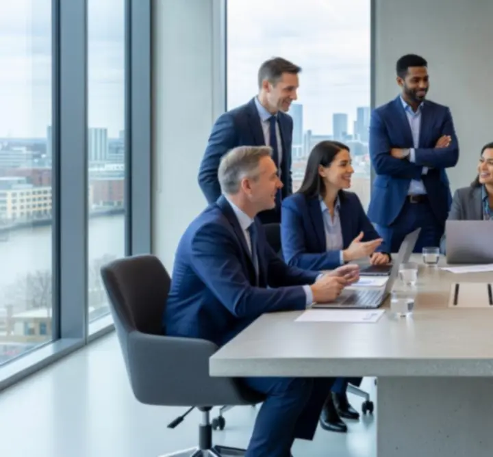 Diverse leadership team in discussion around a table