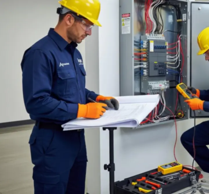Qualified electricians installing electrical systems in a modern commercial building