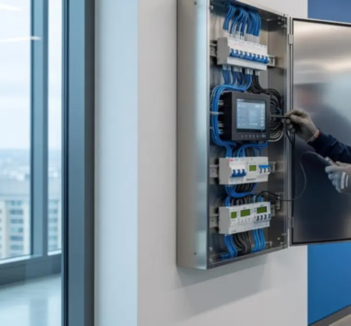 Electrician performing a precise electrical installation in a modern interior