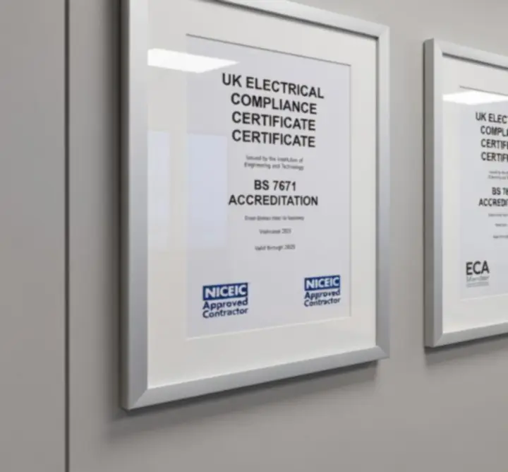 Display of framed industry electrical certifications and accreditations