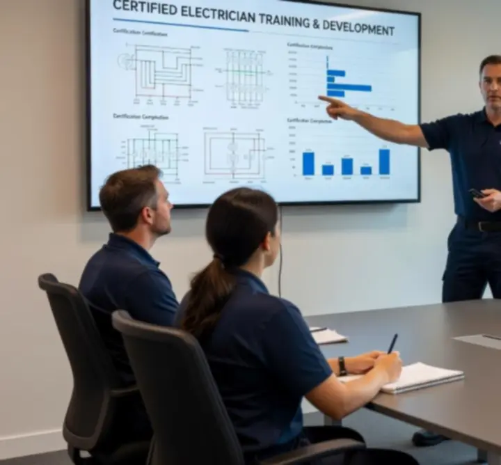 Lead electrician delivering a technical training session to colleagues in a modern meeting room