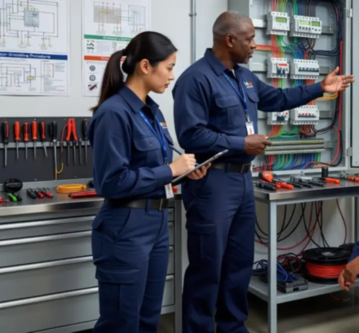 Electricians from CIK MAINTANCE LTD reviewing plans for a modern electrical installation